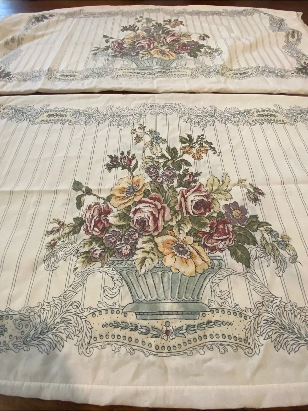 Vintage Set of King Louis Nichole pillowcases floral urn design & lace trim